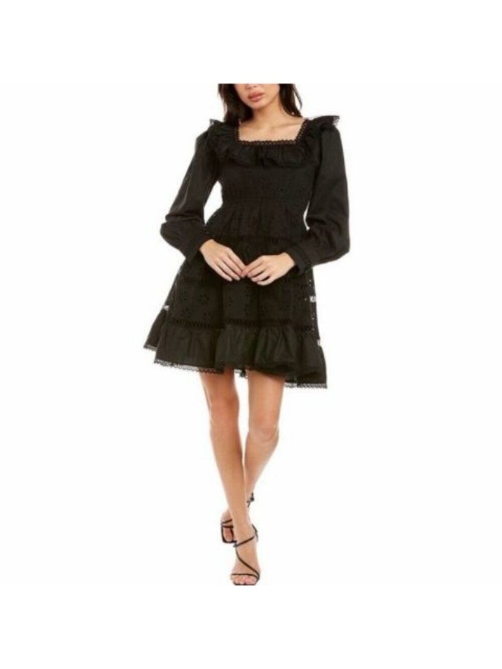 NWOT Beulah Black Eyelet Ruffle Mini Dress Cottagecore Long Sleeve Size Small